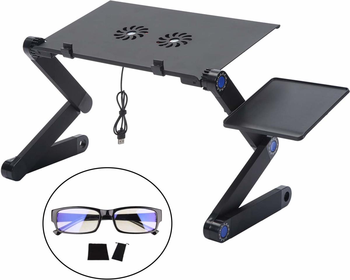 Laptop Houder | Laptop Standaard | Laptop Tafel | Notebook Standaard | Laptop Steun | Inclusief Muismat en 2 Ventilatoren | Inclusief Computerbril | Zwart